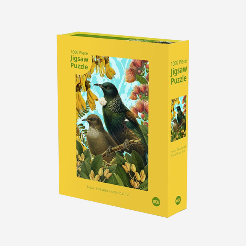 The 100 Percent NZ Botanical Tui Jigsaw Puzzle box on a blank background
