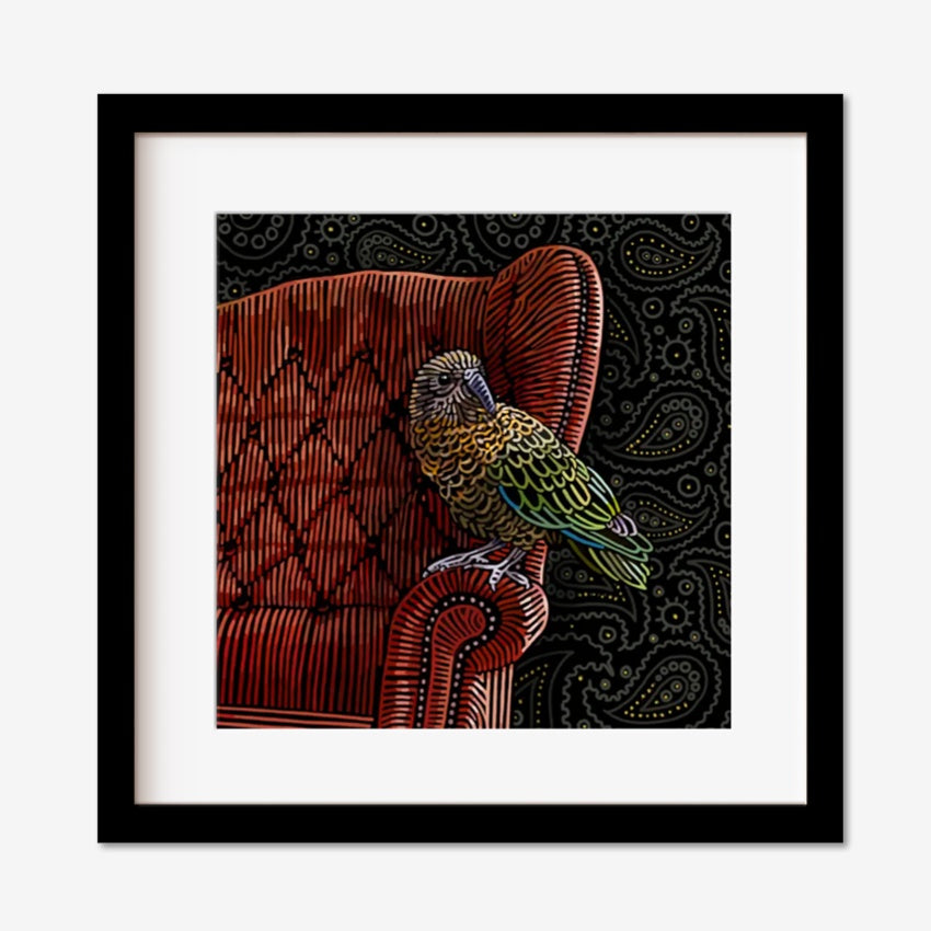 The Angela Croft Sneaky McCheeky Square Artwork in a black frame on a blank background