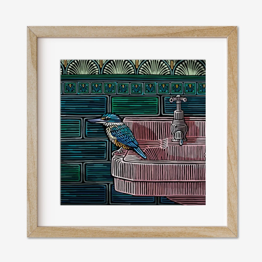 The Angela Croft The King square artwork in a wooden frame on a blank background