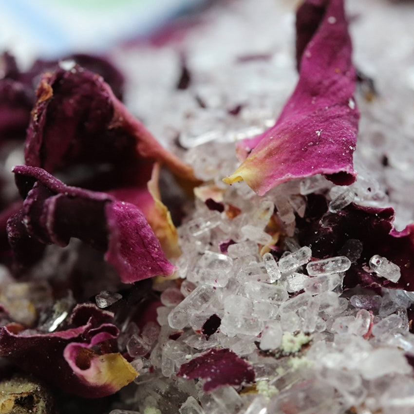 A close up of the Anoint rose bath salts