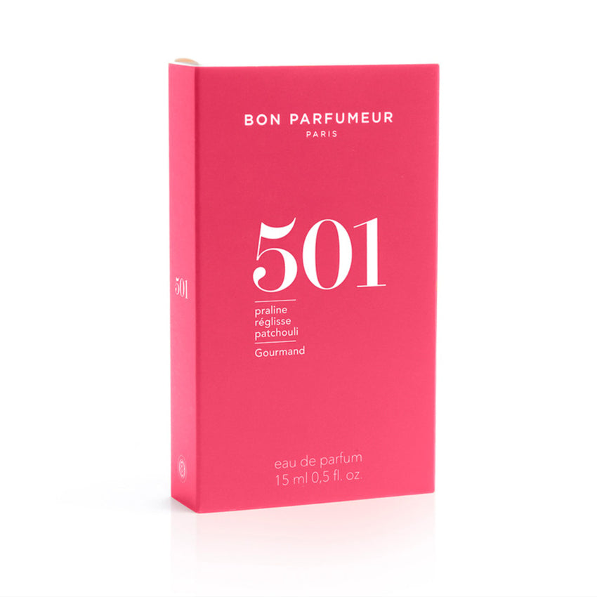 The box of the 15ml Bon Parfumeur Eau de Parfum Gourmand 501 fragrance on a blank background
