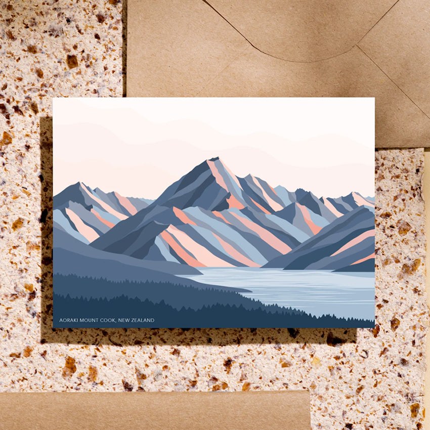 The Bridget Hall Designs Aoraki Gift Card on a terrazzo background with a envelope
