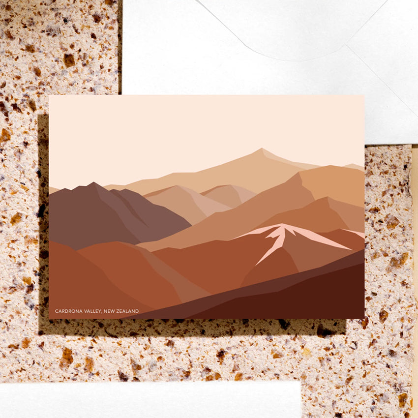 The Bridget Hall Cardrona Valley Gift Card on a terrazzo background with envelope