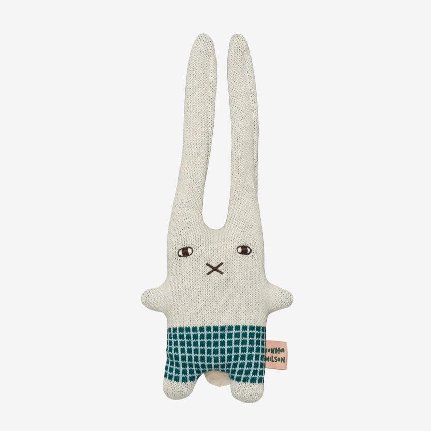 Donna Wilson's Wee One Knitted bunny toy with a green checkered bottom named Bonnie Bunny on a white background