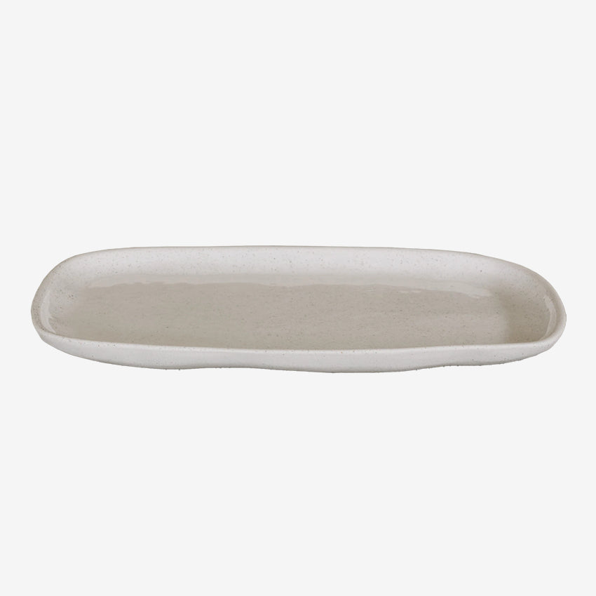 The JS Ceramics Rectangle Platter in Oatmeal on a blank background