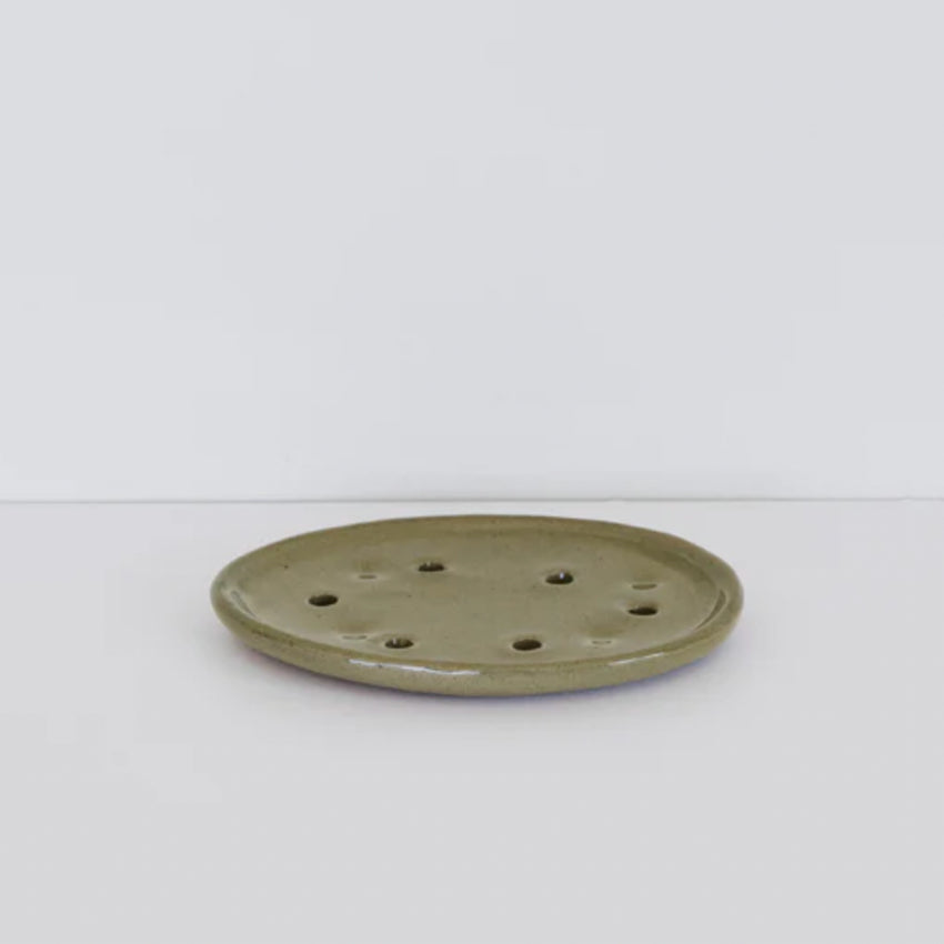 The JS Ceramics Soap Dish in Sage Green on a blank background