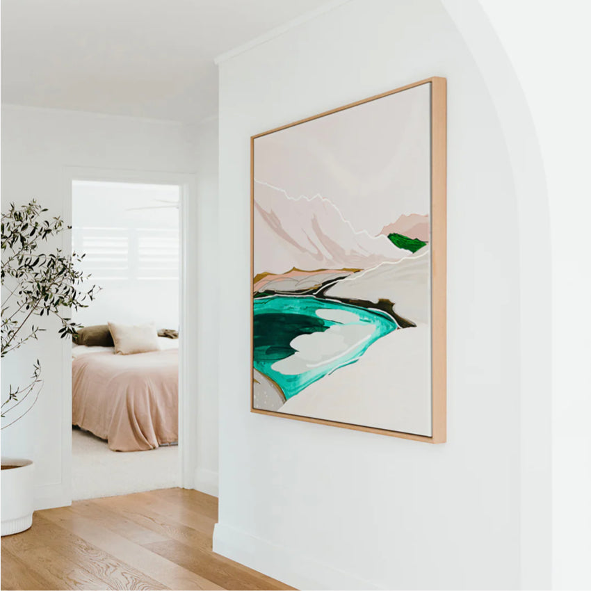 Bright Tomorrows artwork on canvas with a wooden frame by Jen Sievers Art hanging on a wall of a hallway