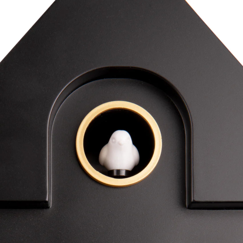 A close up of the Karlsson Modern Cuckoo Clock in Black
