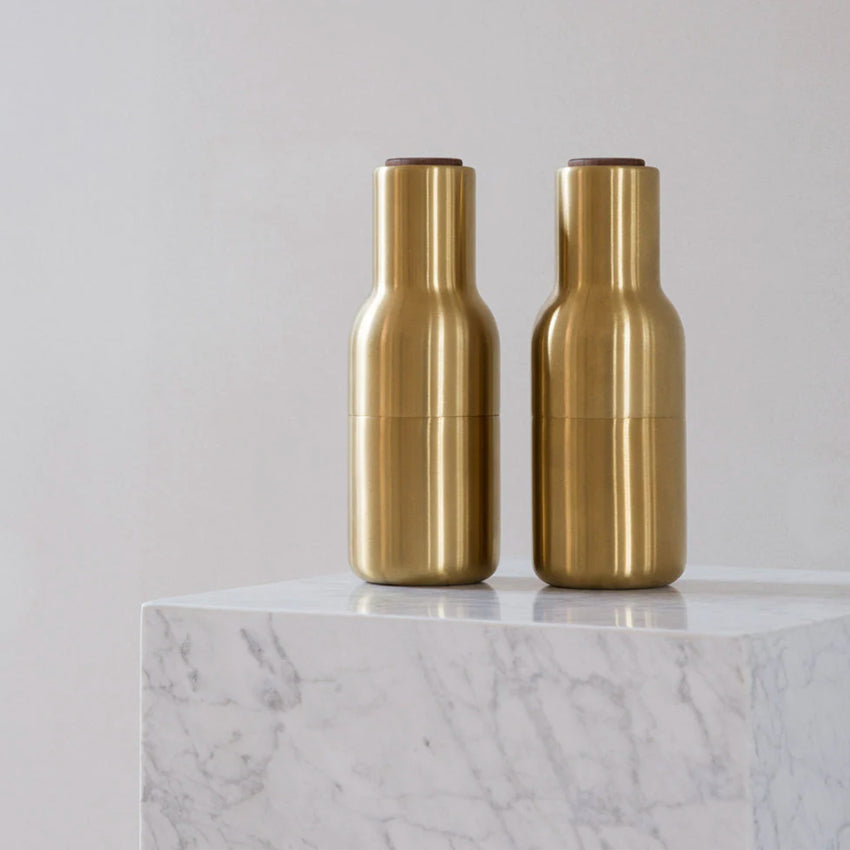 Salt & Pepper Grinders | Brushed Brass | Walnut Lid