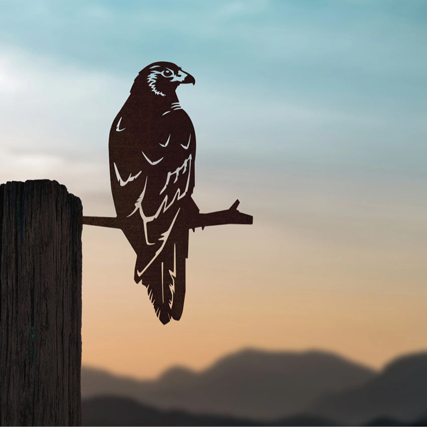 The Metalbird steel Kahu in a post with a sunset background