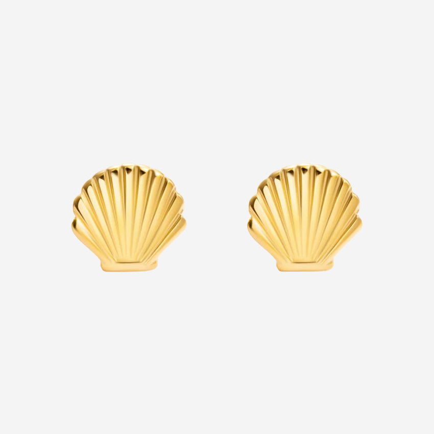 The Silver Linings Collective Shell Studs in Gold on a blank background