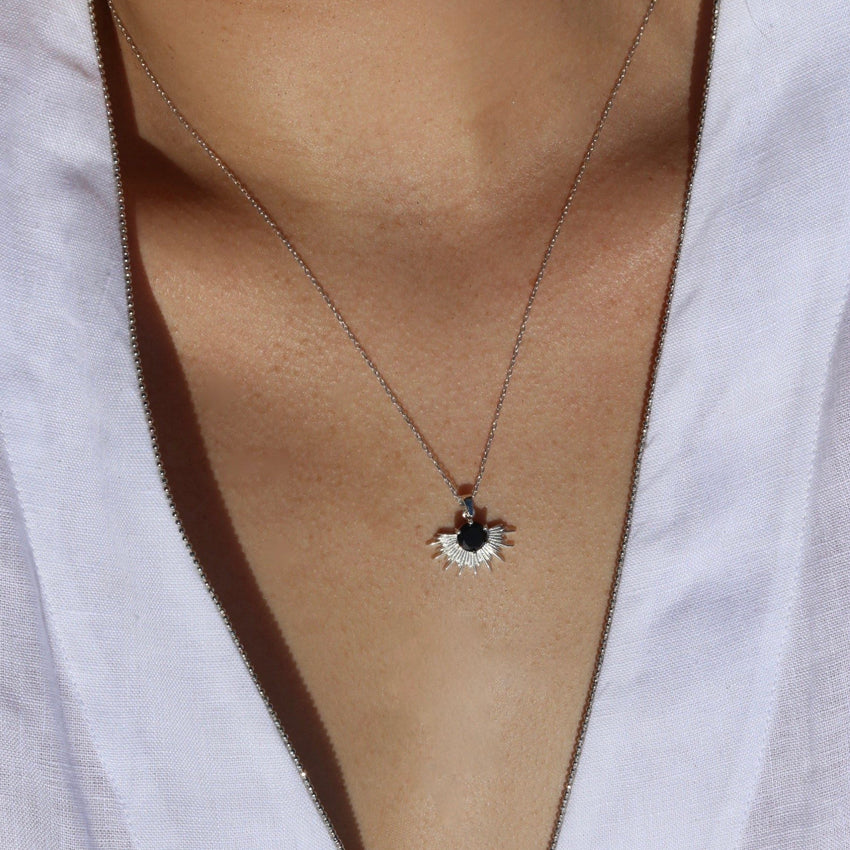 The Silver Linings Collective Solace Necklace in Silver on a model