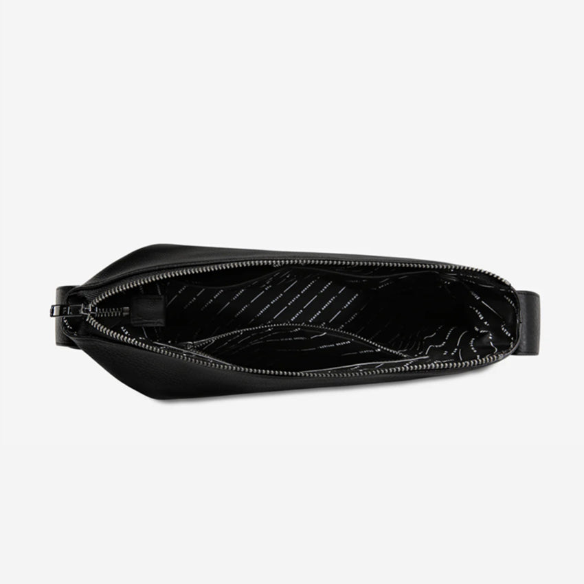 A top view of the Status Anxiety Losing Touch Bag in Black open on a blank background