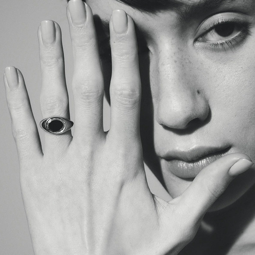 The Temple Of The Sun Kosmos Ring in Sterling Silver on a models finger