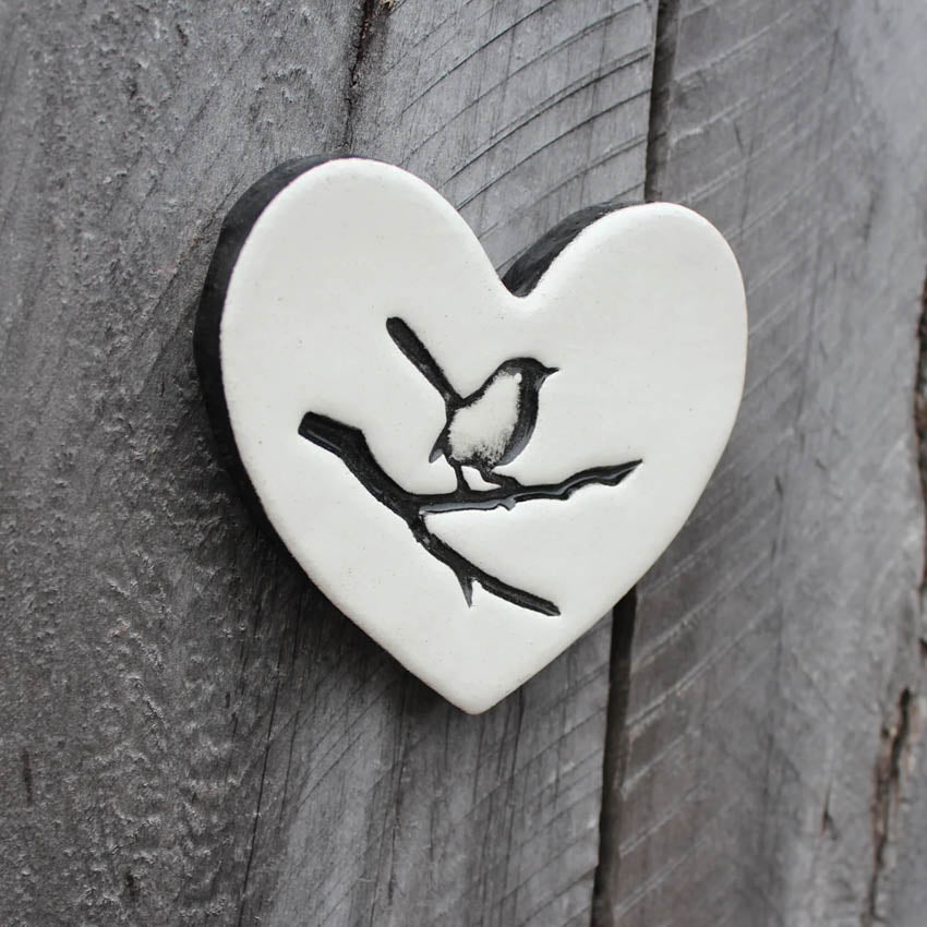 Flat Heart Bird on Branch Tile | White