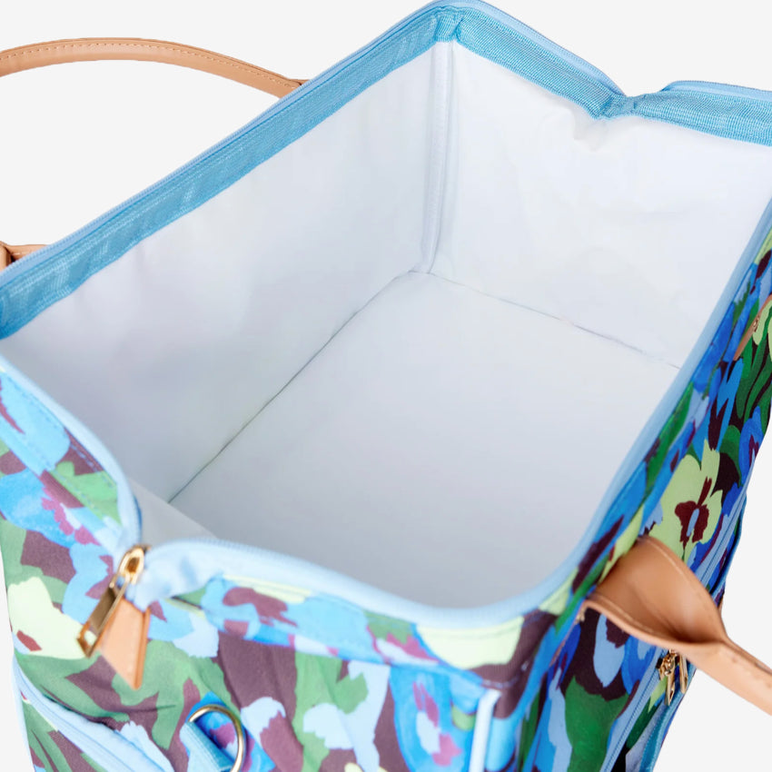 The Somewhere Co Lunch Bag in Pansy Patch with the top open