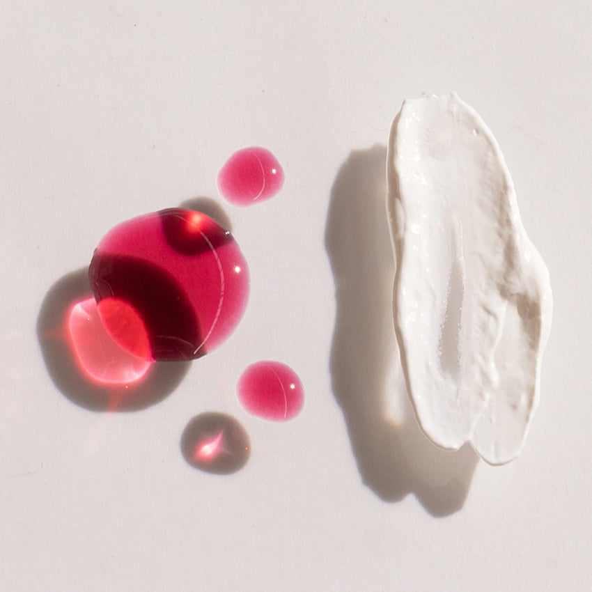 The We Are Feel Good Inc Wild Rosella SPF 50+ Sunscreen Lotion on a surface with wild rosella oil