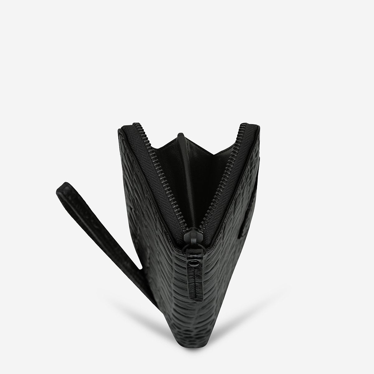 Status Anxiety Moving On Wallet in Black Croc Emboss Side View