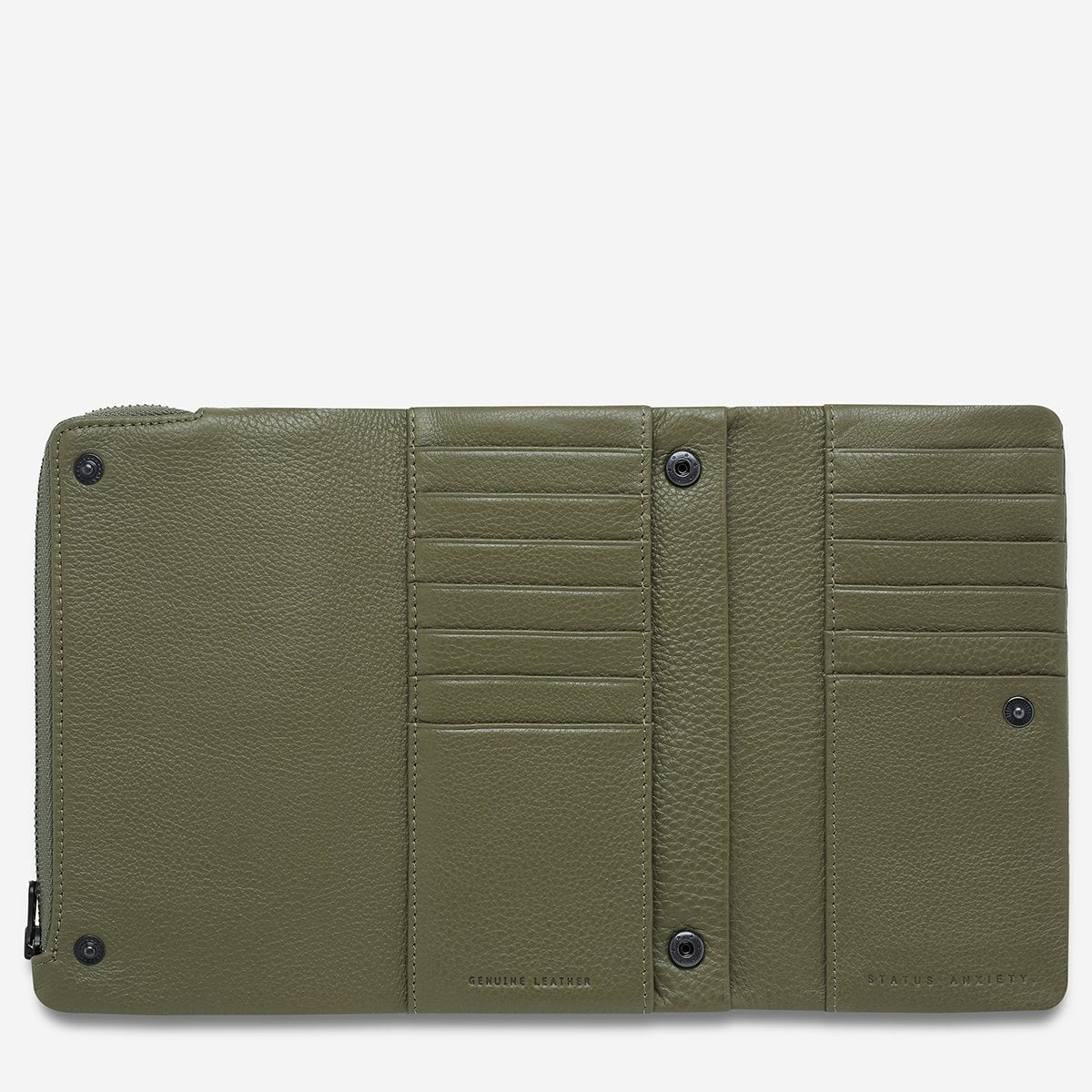 Status Anxiety Audrey Wallet in Khaki Pebble Opened