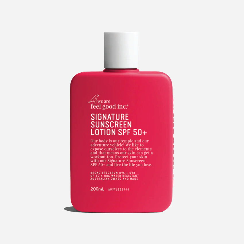 The We Are Feel Good Inc Signature SPF50+ Sunscreen Lotion 200ml on a blank background