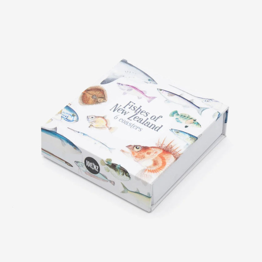 Pack of New Zealand fish coasters with illustrations on a white background