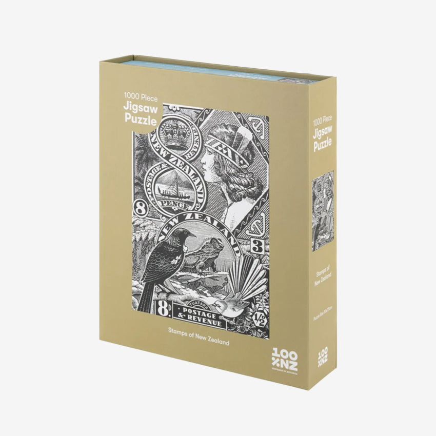 The 100 Percent NZ Stamps of NZ Jigsaw Puzzle on a grey background