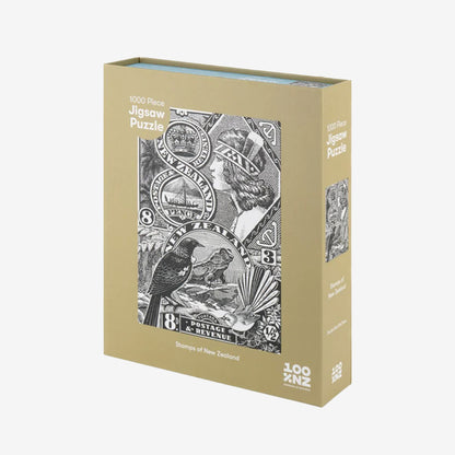 The 100 Percent NZ Stamps of NZ Jigsaw Puzzle on a grey background