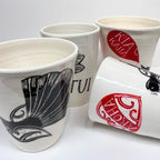 4 of the Amber Smith Piwakawaka and Tui Cups on a blank background 