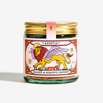 The Apostle Orange and Horopito Shichimi Seasoning jar on a grey background