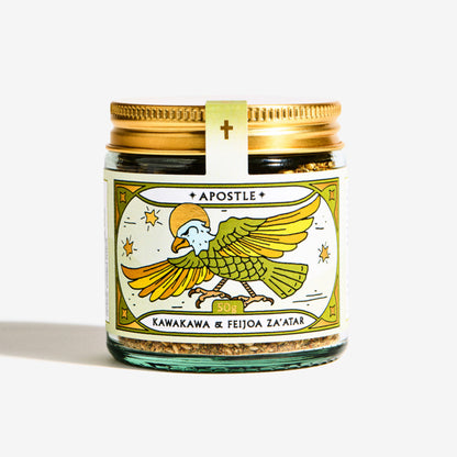 The Apostle Kawakawa and Feijoa Za'atar jar on a grey background