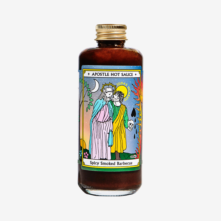 The Apostle Hot Sauce Spicy Smoked Barbecue sauce on a blank background