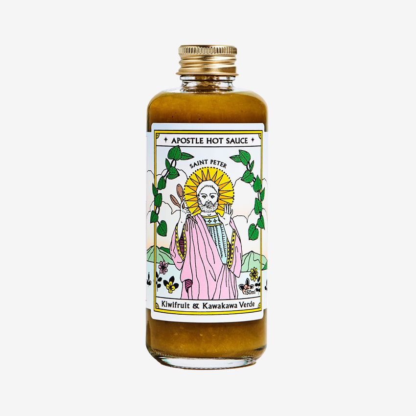 The Apostle Hot Sauce Kiwifruit and Kawakawa verde sauce on a blank background