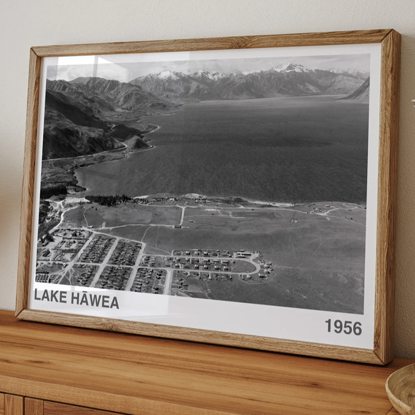 The ARTORY Lake Hawea 1956 Art Print in a wooden frame on a console