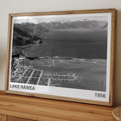 The ARTORY Lake Hawea 1956 Art Print in a wooden frame on a console