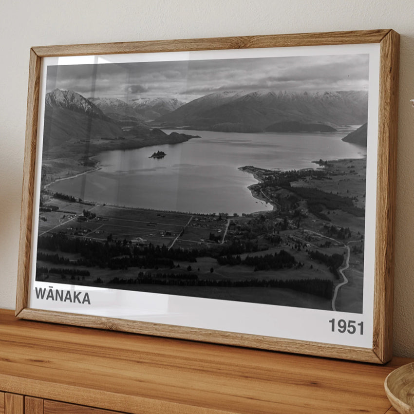 The ARTORY Wanaka 1951 Art Print in a wooden frame on a console