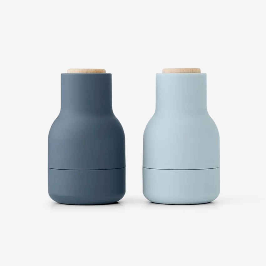 The Small Audo Salt and Pepper Grinder in Blues and Beech on a blank background