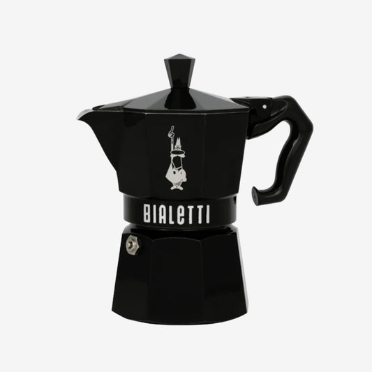 The Bialetti Moka Exclusive Coffee Pot 3 cup size in Black on a blank background