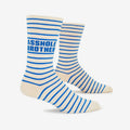 The Blue Q Asshole Brother Mens Socks with blue stripes on a grey background