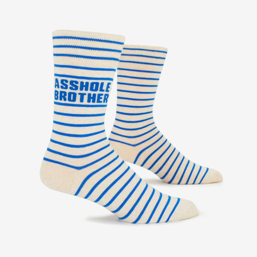 The Blue Q Asshole Brother Mens Socks with blue stripes on a grey background
