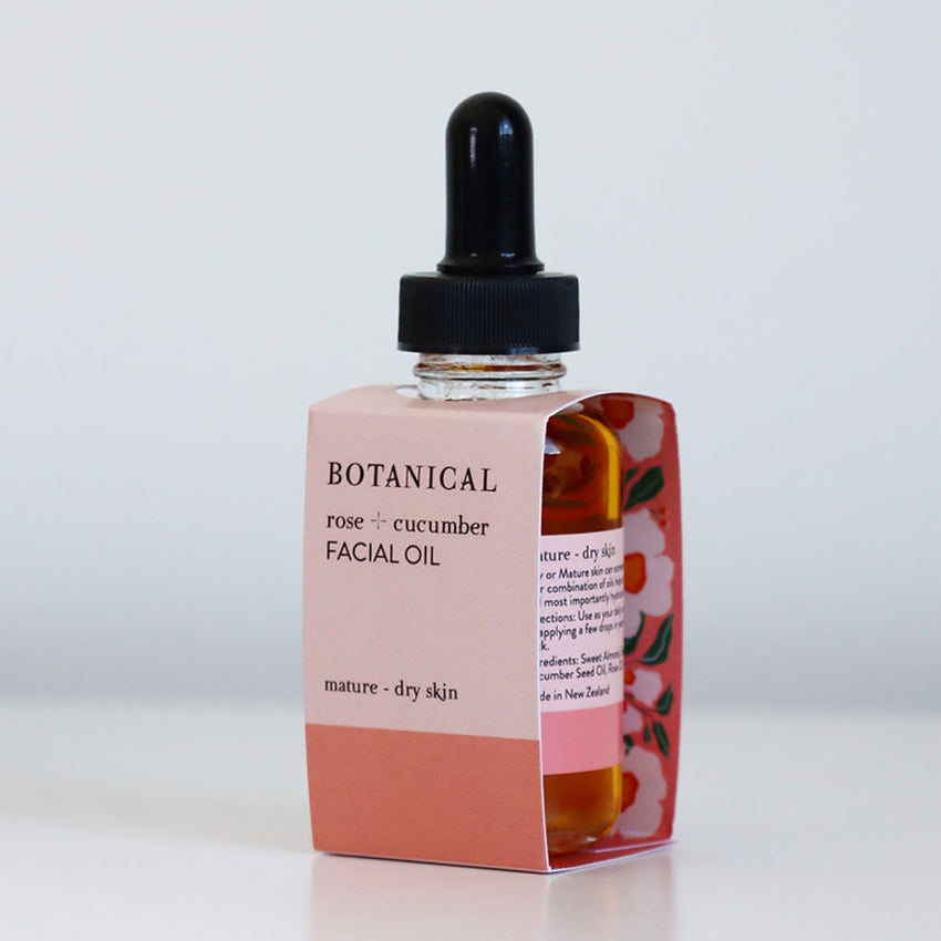 The Botanical Rose and Cucumber Facial Oil in its packaging