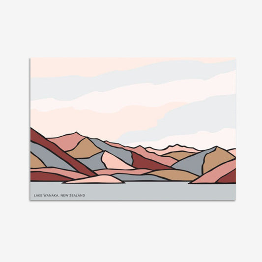 The Bridget Hall greeting card with a modern landscape design of Lake Wanaka in shades of pink, red, and grey, on a grey background