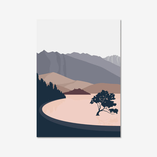 The Bridget Hall Designs Lake Wanaka in Reds Gift Card on a grey background