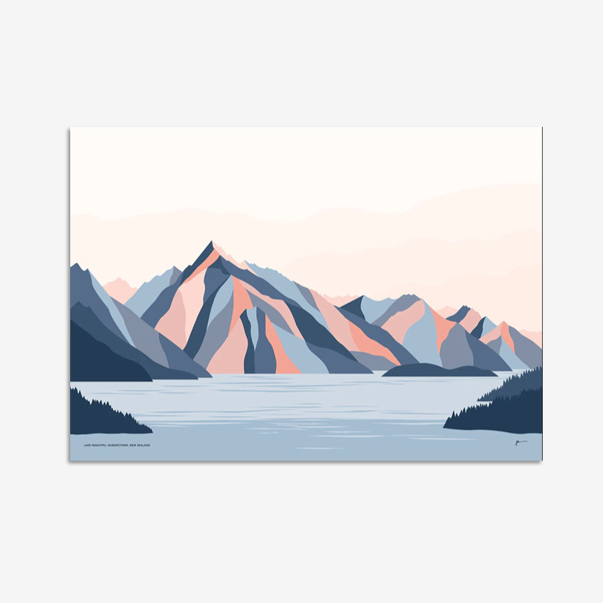 A Bridget Hall greeting card featuring a modern landscape design of the Queenstown mountains on a grey background