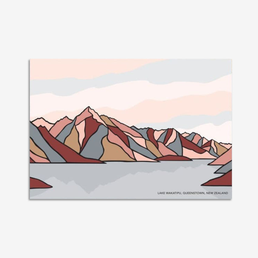 A greeting card with a modern landscape design of Lake Wakatipu, Queenstown, on a grey background