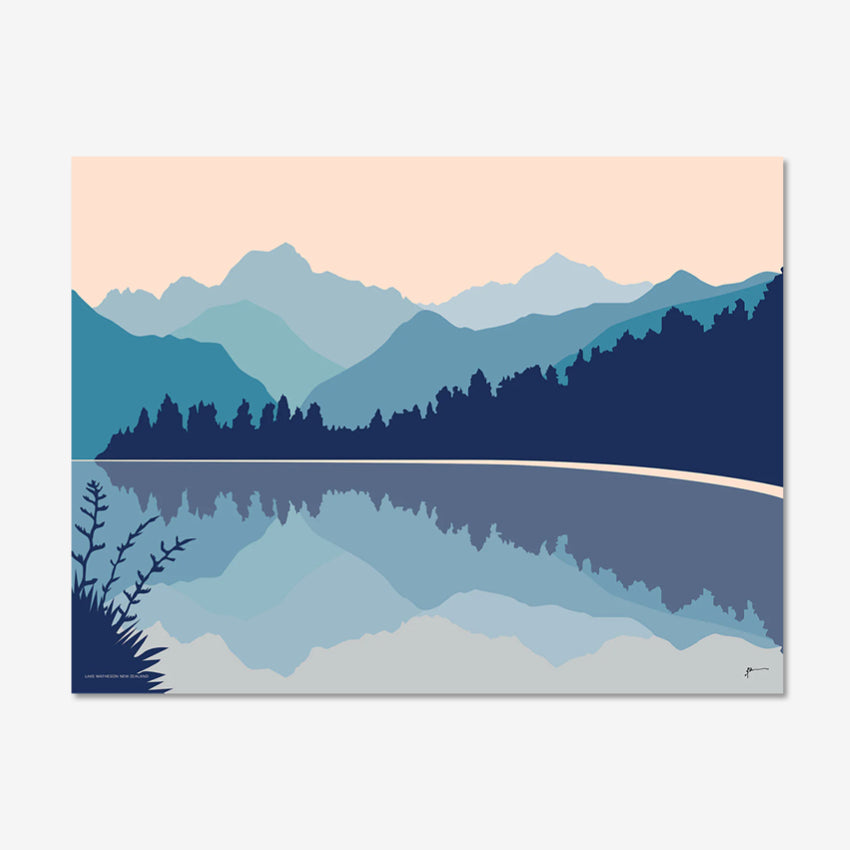 A modern mountain art print of Lake Matheson in tones of blue and pink by Bridget Hall on a grey background