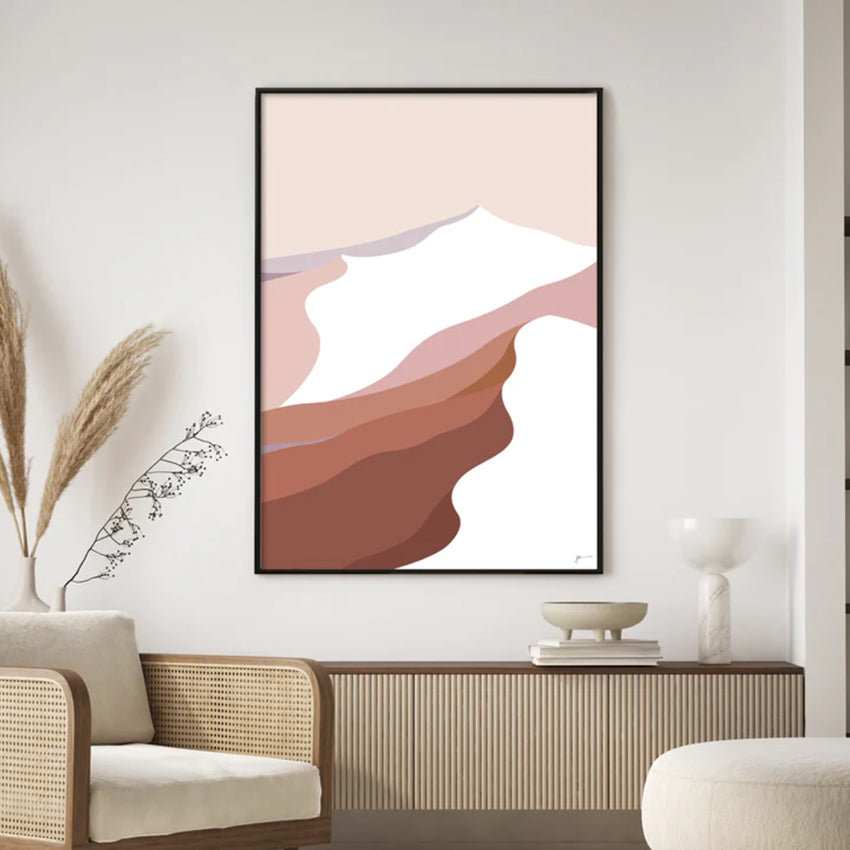 The Bridget Hall Modern Mountain Summit  1 Art Print in a black frame hanging in a living room