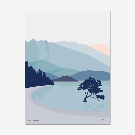 The Bridget Hall Designs Art Print featuring a morden landscape design of the Wanaka Tree on a grey background
