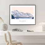 The Bridget Hall Designs Roys Peak Hike Print in a black frame above a desk