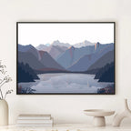 The Bridget Hall Designs Lake Matherson Aoraki Print in a black frame above a shelf