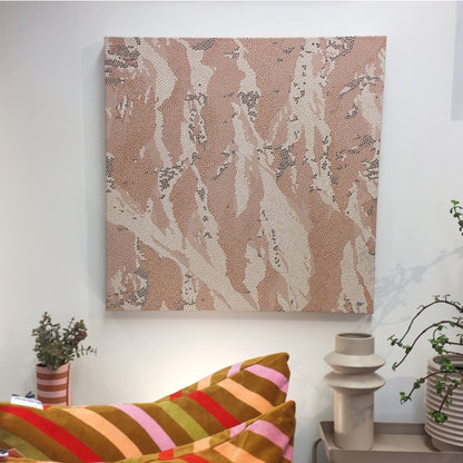 The Bridget Hall Design Original Black Peak Close Up Artwork hanging on a wall above cushions and vases